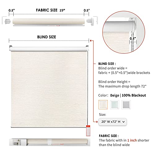 Homebox 100% Blackout Roller Window Shades,Faux Wooden Window Blinds,Roll Up and Pull Down Shades for Indoor Window,Window Shade for Home,Beige,22" W x 72" H