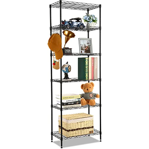 BATHWA 6 Shelf Adjustable Wire Shelving Units, Heavy Duty Metal Storage Wire Shelf with Leveling Feet, Utility Steel Shelves for Garage, Kitchen, Living Room, Bathroom,