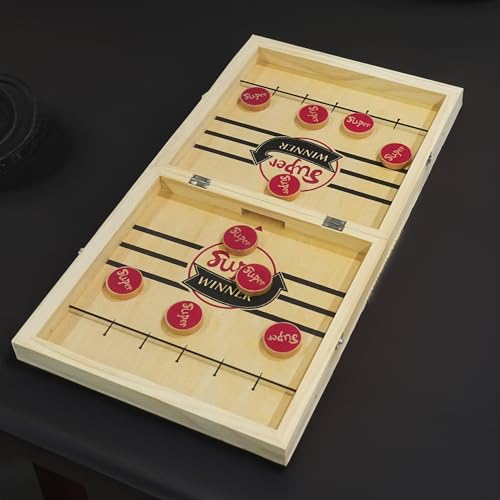 NEROSUN Foldable Chess Set, Handmade Portable Travel Chess Game 2 in 1 Fast Sling Puck Hockey Curling Table Game, Beginner Chess Toys Set for Kids Family