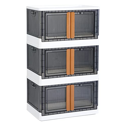 HAIXIN Storage Bins with Lids, Collapsible Storage Bins, Wardrobe Closet Organizer, 19 Gal Stackable Toy Storage, Foldable Plastic Storage Container with Door, Crate for Book Storage (3 Pack)