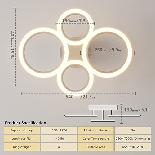 OUQI Modern LED Ceiling Light Dimmable Remote Control 4 Ring Ceiling Light 48W 4400LM, Ceiling Light for Living Room, Bedroom, Kitchen, Corridor, Balcony, Dining Room, White, 2800-7000K