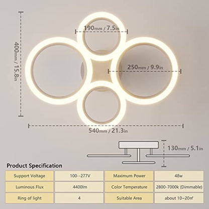 OUQI Modern LED Ceiling Light Dimmable Remote Control 4 Ring Ceiling Light 48W 4400LM, Ceiling Light for Living Room, Bedroom, Kitchen, Corridor, Balcony, Dining Room, White, 2800-7000K