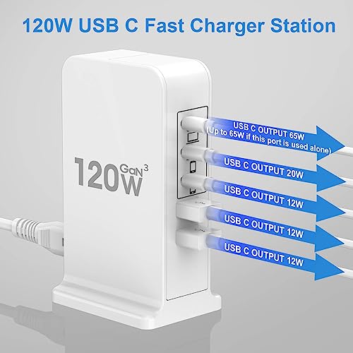 USB C Charger Block, 120W GaN Fast Charging Station for Multiple Devices, USB Charger Block with 65W USB C Laptop Charger, USB C Charging Hub Compatible for MacBook Pro Air, iPhone, iPad, Samsung