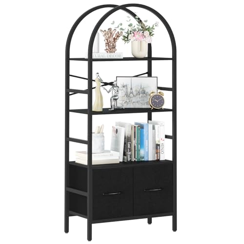 Yoobure Arched Bookshelf with Drawers, 4 Tier Book Shelf Storage Shelves, Industrial Bookcase Book Organizer for Bedroom Office, Tall Metal Bookshelves, Open Book Case Display Standing Shelf Unit
