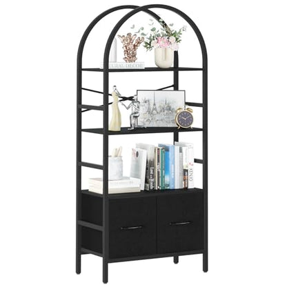 Yoobure Arched Bookshelf with Drawers, 4 Tier Book Shelf Storage Shelves, Industrial Bookcase Book Organizer for Bedroom Office, Tall Metal Bookshelves, Open Book Case Display Standing Shelf Unit
