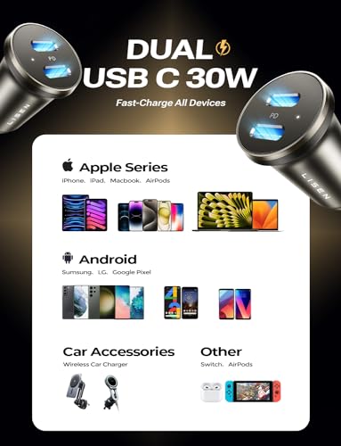 LISEN USB C Car Charger Fast Charging 60W 2-Pack Type C Car Phone Charger Mini&Metal USB C Cigarette Lighter Adapter For iPhone 15 Pro Max Plus Apple Ipad Pro Samsung Galaxy Ultra S24 S23 Google Pixel