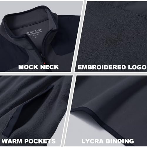 MICHEL ROUEN Mens Fleece Jacket Golf Lightweight Casual Sport Warm Mock Neck Kangaroo Pocket Polar Fleece Jacket Men Dark Grey
