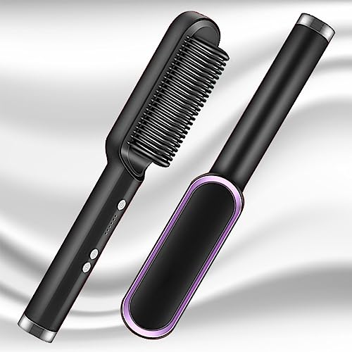 Hair Straightener Brush 30s Fast Heating Anti-Scald,Negative Ion Styling Comb, 2 in 1 Hair Straightener Brush and Curler with 5 Temp, Portable Electric Straightening Comb Heated Hair Brush(Black)