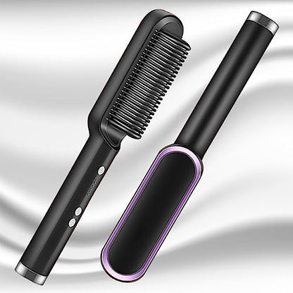 Hair Straightener Brush 30s Fast Heating Anti-Scald,Negative Ion Styling Comb, 2 in 1 Hair Straightener Brush and Curler with 5 Temp, Portable Electric Straightening Comb Heated Hair Brush(Black)