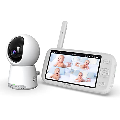 NexiGo Video Baby Monitor with Camera and Audio, 5 Inch Split IPS Screen, Support Up to 4 Cameras, 2-Way Audio, Pan-Tilt-Zoom, 4800mAh Battery, Temperature Detection, Night Vision, Lullaby (White)