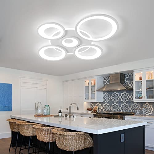 Modern LED Ceiling Light 80W Dimmable LED Acrylic Ceiling Lamp with Remote Control 5 Rings Flush Mount Ceiling Light White LED Chandelier Lighting for Living Room Dining Room Bedroom Kitchen…