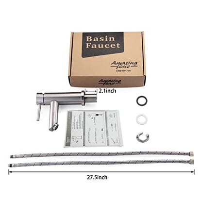 AMAZING FORCE Single Hole Bathroom Faucet Single Handle Bathroom Sink Faucet Brushed Nickel Stainless Steel Basin Mixer Tap - Sink Drain & Deck Plate Not Included 1.2 GPM
