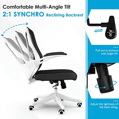 balmstar Office Chair, Ergonomic Desk Chair Home Office Desk Chairs, Breathable Mid-Back Comfortable Mesh Computer Chair with PU Silent Wheels, Flip-up Armrests, Tilt Function, Lumbar Support (Black)