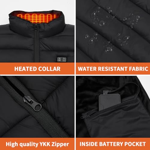 MEXITOP Lightweight Heated Vest for Men/Women, Outdoor Water/Wind Resistant Outerwear Vests with 10000mAh Large Capacity Battery Pack, Black
