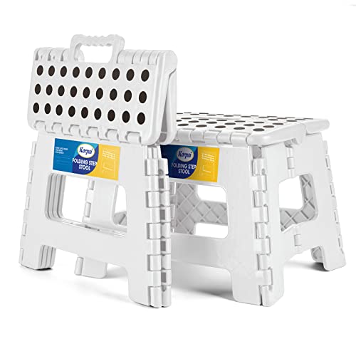 Korpai 9" Folding Step Stool for Adults and Kids Holds Up to 300 lbs,Non-Slip Folding Stools with Portable Handle, Compact Plastic Foldable Step Stool for Bathroom,Bedroom, Kitchen,White,2PC