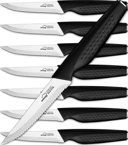 Amorston Steak Knives Set of 8, Stainless Steel Steak Knife Set, Serrated Steak Knives Dishwasher Safe, Silver