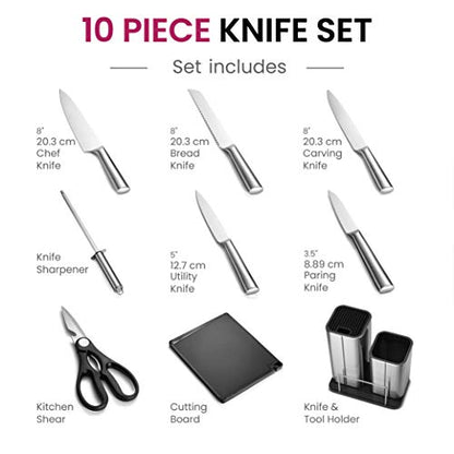10-Piece Stainless-Steel Kitchen Knife Set - Newly Innovative Knifes Set with Utensil Holder - 5 Stainless-Steel Knives - Knife Sharpener - Kitchen Scissors - Cutting Board- Knife Block holder