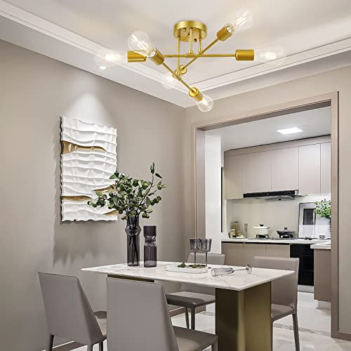 Soilsiu Modern Sputnik Chandelier Ceiling Light Fixture, 6-Light Gold Mid Century Semi Flush Mount Ceiling Lights for Bedroom, Dining Room, Living Room, Kitchen, Office (Gold, W:16.5",H:8")