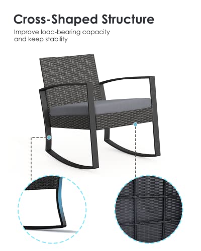 3 Pieces Wicker Patio Furniture Set, Modern Rocking Conversation Set with Coffee Table, Outdoor Rattan Patio Chairs Bistro Set for Balcony Porch Garden Yard Poolside, Grey