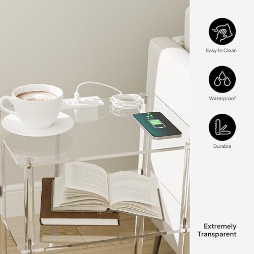 Eglaf Acrylic Side Table with Charging Station - 3 Tier Charging End Table Set of 2 - Clear Nightstand Bedside Table with USB Ports & Outlets - for Bedroom, Living Room, 15'' L x 11.8'' W x 23.6'' H
