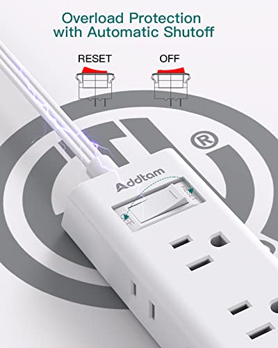 Flat Extension Cord - Addtam 5 ft Ultra Flat Plug Power Strip with 6 Outlets Extender, No Surge Protector for Cruise Ship, Travel, Dorm Room Essentials(2 Pack)