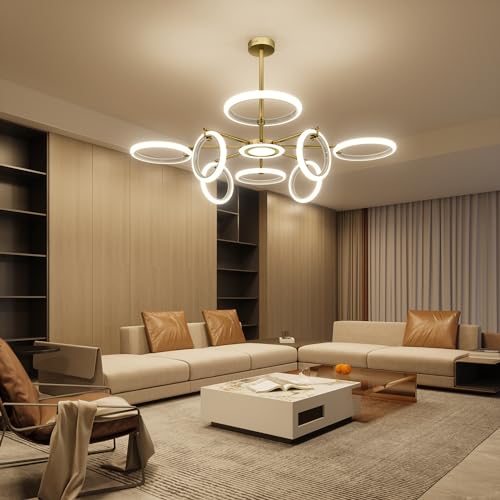 OUQI Dimmable Ceiling Light Fixture,Led Flush Mount Ceiling Light, Morden Gold Round Chandelier,7000K Ceiling Lights With Remote,Adjustable highness Chandelier For Dinning Room, Living Room,Bedroom