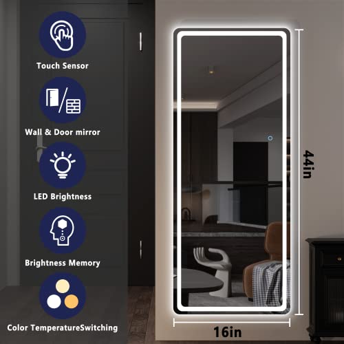 Hasipu Full Length Mirror with Lights, 44" x 16" LED Lighted Wall Mounted Mirror, Over The Door Hanging Mirror, Light Up Full Body Mirror, Long Dressing Mirror Black