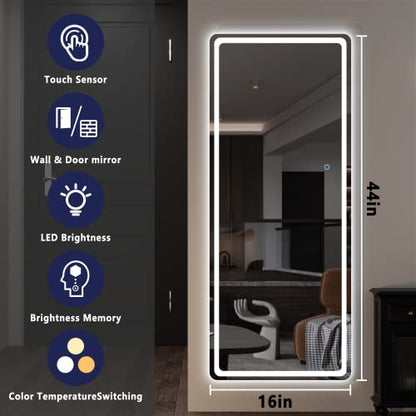 Hasipu Full Length Mirror with Lights, 44" x 16" LED Lighted Wall Mounted Mirror, Over The Door Hanging Mirror, Light Up Full Body Mirror, Long Dressing Mirror Black