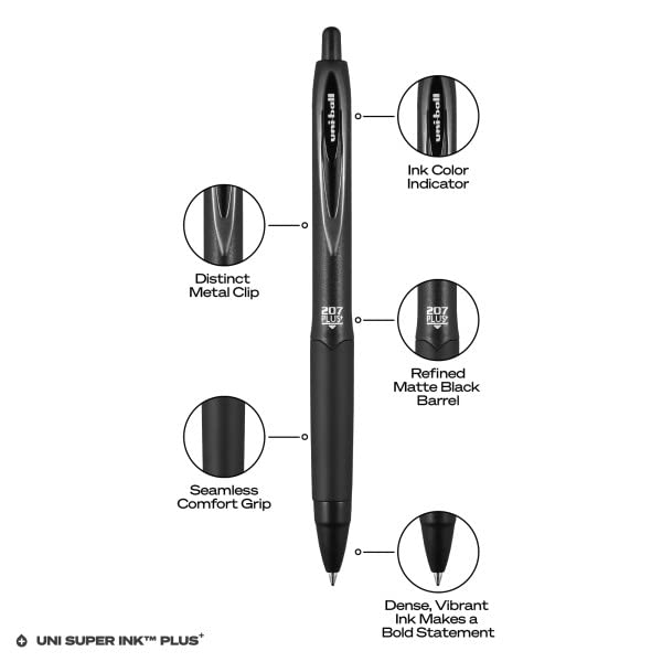 uniball 207 Plus+ Retractable Gel Pens 12 Pack in Black with 0.7mm Medium Point Pen Tips - Uni-Super Ink+ is Smooth, Vibrant, and Protects Against Water, Fading, and Fraud
