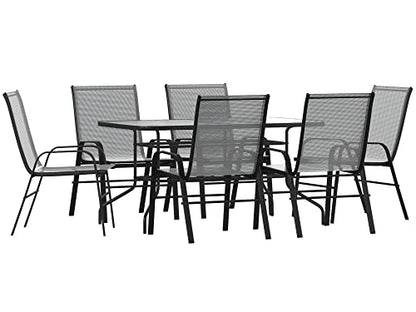 Flash Furniture Brazos 7 Piece Outdoor Patio Dining Set - 6 Gray Flex Comfort Stack Chairs - 55" Tempered Glass Patio Table with Umbrella Hole