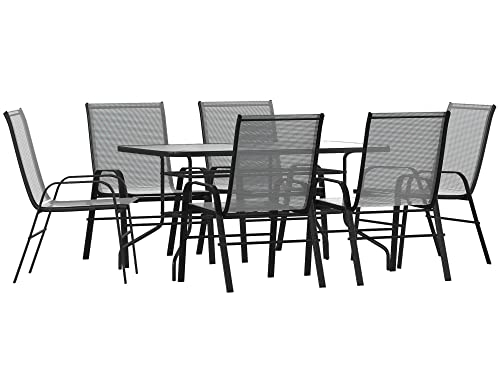 Flash Furniture Brazos 7 Piece Outdoor Patio Dining Set - 6 Gray Flex Comfort Stack Chairs - 55" Tempered Glass Patio Table with Umbrella Hole