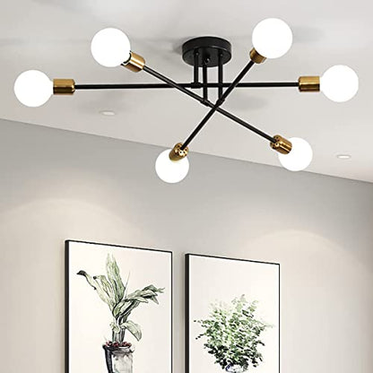 Biewalk Mid Century Sputnik Chandelier Light Fixture Semi Flush Mount Ceiling Light Black for Living Room, Kitchen, Bedroom, Dining Room (6 Light)