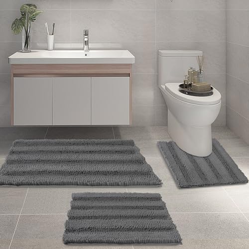 ELEHOLD Bath Rug Set 3 Pieces, Absorbent Soft Bathroom Mat, Non Slip Toilet Shower Mat Rug