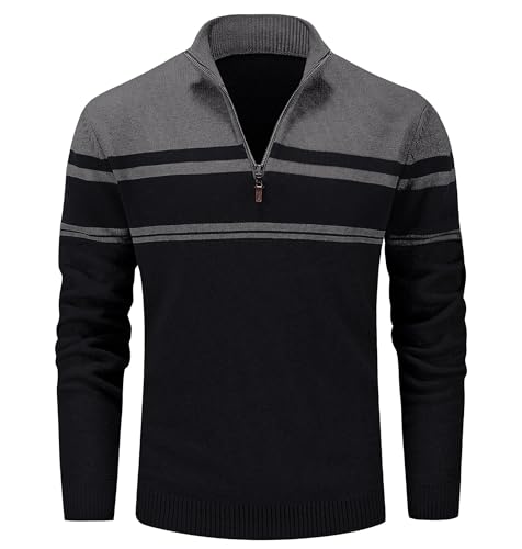 Men Striped Sweater Golf Pullover Mens Casual Sweater Turtleneck Shirts Multi-Color Striped Tops Winter Thermal Sweater Slim Fit Sweaters Polo Sweater Dark Grey Black