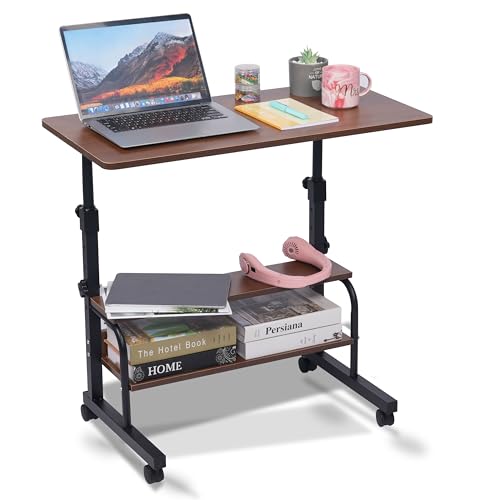 Adjustable Height Rolling Portable Desk with Wheels, Small Standing Desk Mobile 32 Inch Computer Desk for Small Space, Work Desk for Home Office with Storage Laptop Table Study Student Desk Brown