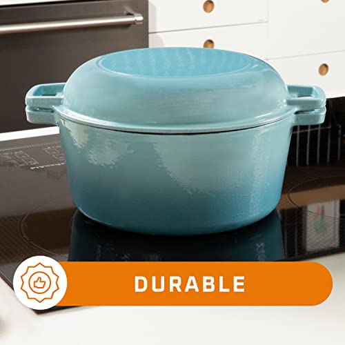 Bruntmor 2-in-1 Enamel Cast Iron Dutch Oven With Handles - Crock Pot Sky Blue Cast Iron pot with Skillet lid - All-in-One Cookware Braising Pan for Casserole Dish - 5 Quart, Sky Blue