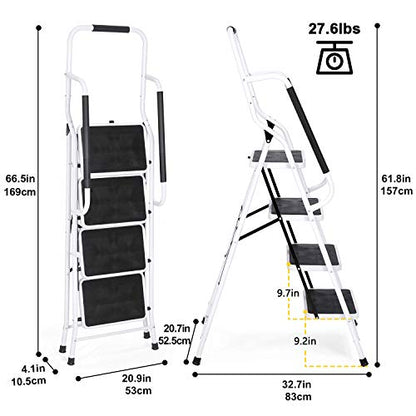 EdMaxwell 4 Step Ladder with Handrails 500 lb Capacity Step Stool Folding Portable Ladders for Home Kitchen Steel Frame with Non-Slip Wide Pedal Stepladder with Attachable Tool Bag White