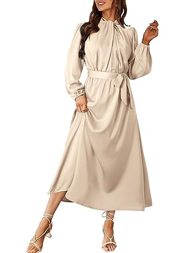Dokotoo Women's Mock Neck Lantern Long Sleeve A Line Swing Flared Cocktail Party Midi Dress with Belt Apricot Medium