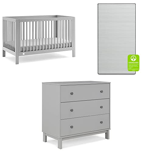 babyGap by Delta Children Charlie 6-in-1 Convertible Crib TrueSleep Crib and Toddler Mattress Legacy 3 Drawer Dresser (Bundle), Grey