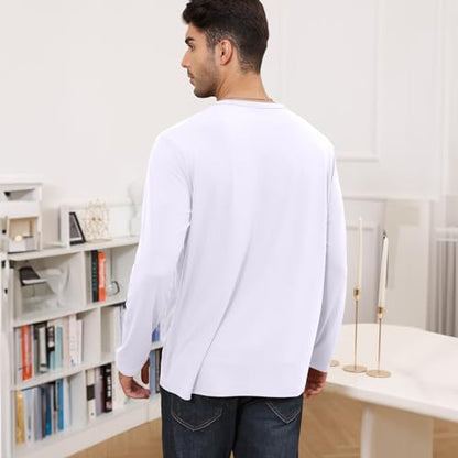 Lexiart Mens Long Sleeve Henley Shirts Slim Fit Basic Pullover T-Shirts with Pocket Button Placket Plain V Neck Shirts White