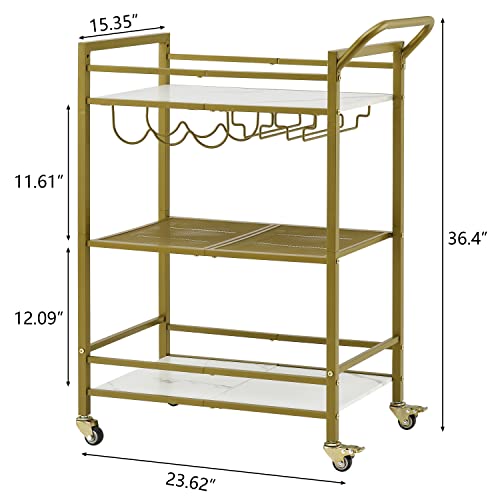 Tajsoon 3-Tier Bar Cart, Mobile Bar Serving Cart, Industrial Style Wine Cart for Kitchen, Beverage Cart with Wine Rack and Glass Holder, Rolling Drink Trolley for Living Room, Gold & White