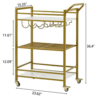 Tajsoon 3-Tier Bar Cart, Mobile Bar Serving Cart, Industrial Style Wine Cart for Kitchen, Beverage Cart with Wine Rack and Glass Holder, Rolling Drink Trolley for Living Room, Gold & White