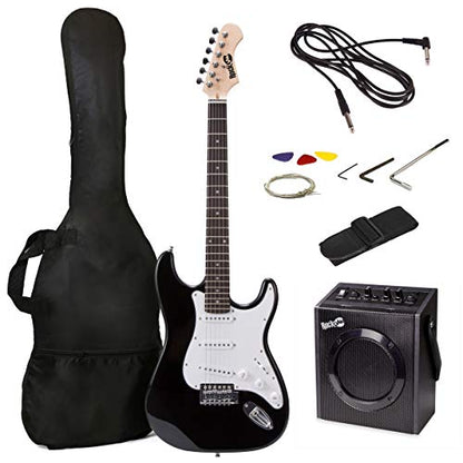 RockJam Electric Guitar Superkit with 10-watt Amp, Gig Bag, Picks & Online Lessons 6 String Pack, Right, Black, Full (RJEG03-SK-BK)