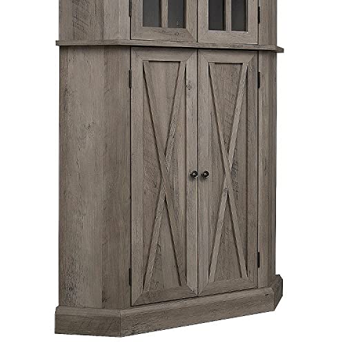 Home Source Kitchen Corner Cabinet with Doors, Wood Corner Hutch, Transparent Glass Doors, Bar Cabinet for Living Room, Kitchen, Farmhouse, Basement, Stone Grey