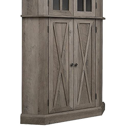 Home Source Kitchen Corner Cabinet with Doors, Wood Corner Hutch, Transparent Glass Doors, Bar Cabinet for Living Room, Kitchen, Farmhouse, Basement, Stone Grey