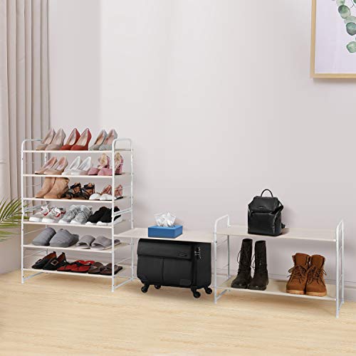 Simple Trending 6-Tier Stackable Shoe Rack, Expandable & Adjustable Fabric Shoe Shelf Storage Organizer, White