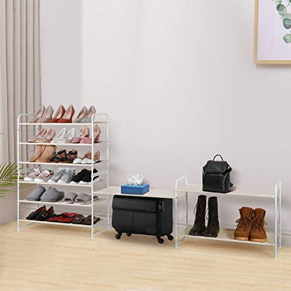 Simple Trending 6-Tier Stackable Shoe Rack, Expandable & Adjustable Fabric Shoe Shelf Storage Organizer, White