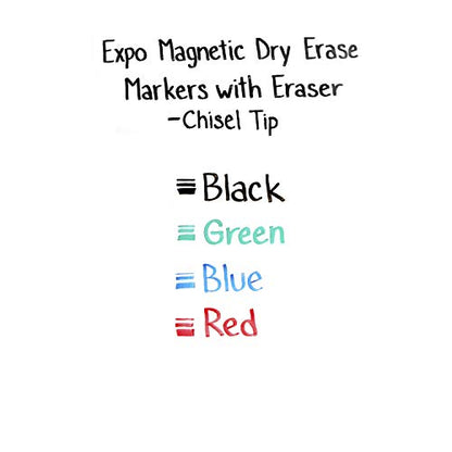 Expo Magnetic Dry Erase Markers with Eraser, Chisel Tip, Assorted, 4 Count