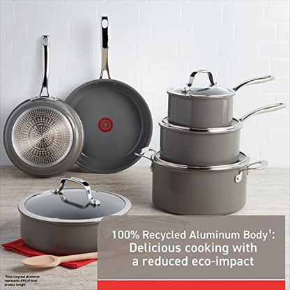 T-fal Ceramic Excellence Reserve Ceramic Nonstick Cookware Set 10 Piece Induction Oven Broiler Safe 500F Pots and Pans Grey