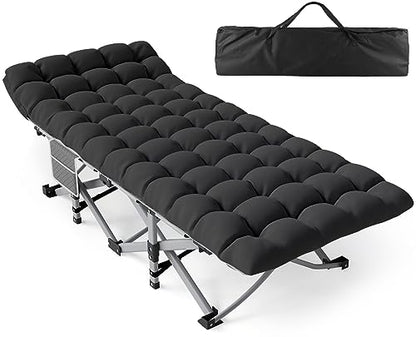 Slendor Folding Camping Cot for Adults with Mattress,Sleeping Cots for Kids Teenage, Max. Load 800Lbs Camp Cots with Storage Bag, Portable Travel Cot Bed for Tent Home Office Beach Garden, Black Pad